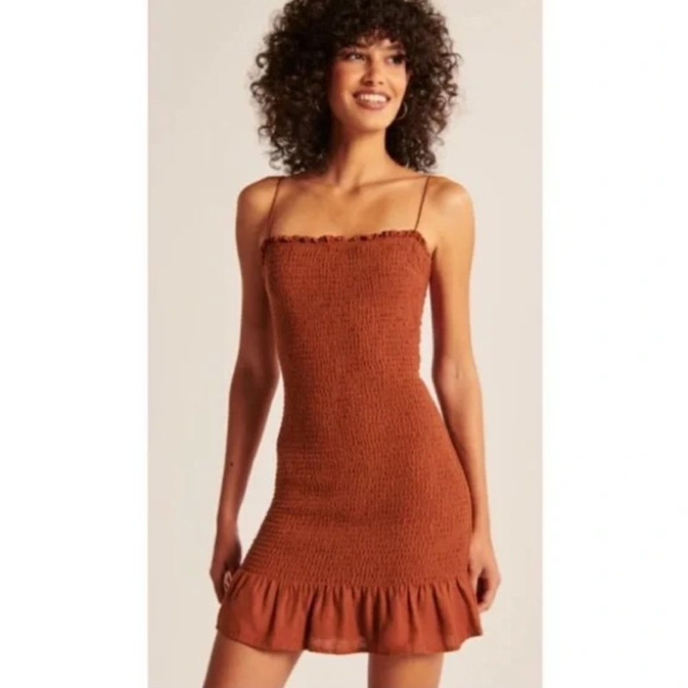 Abercrombie & Fitch Smocked Linen Blend Mini Dress Rust Cut Out Tie Back Rust